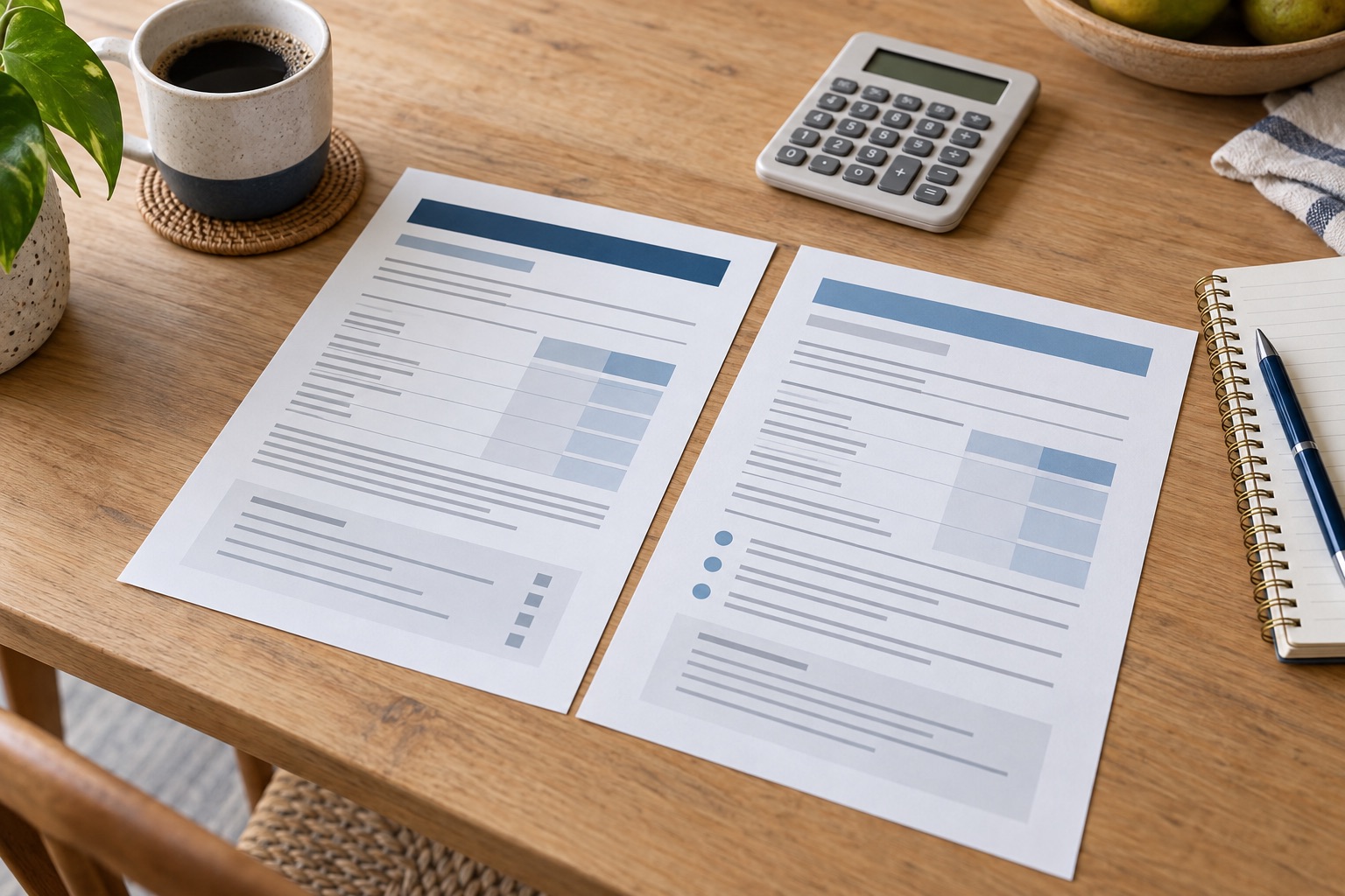 Two illustrative loan offer documents beside a calculator and notebook